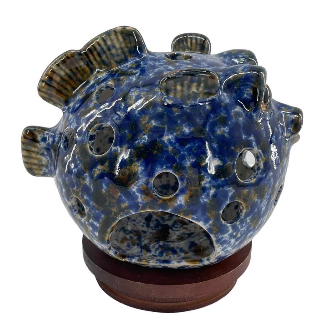 Art House Blue Speckled Puffer Fish Candle Holder 5" Tall